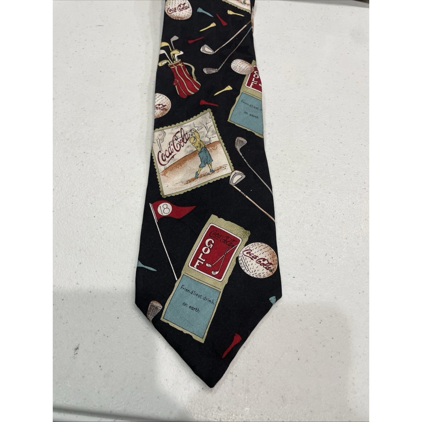 Coca Cola Men's 100% Silk Neck Tie Golf Pattern 4" Usa Vintage